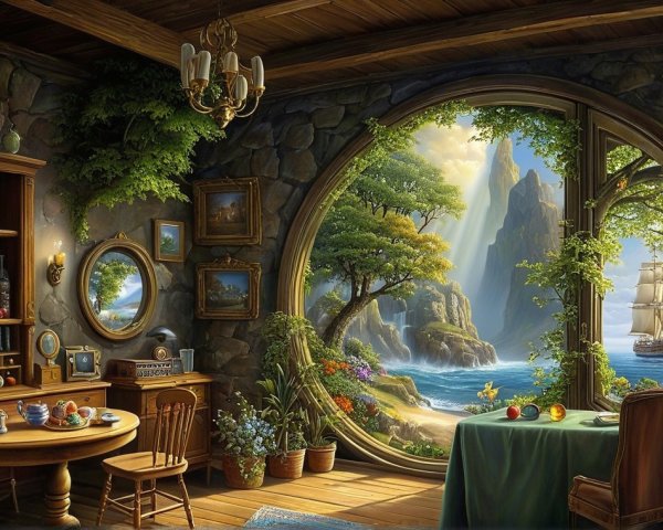 Cozy Room with Rustic Decor and Serene Seascape View