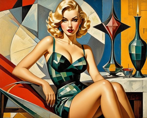 Glamorous Woman in Vibrant Geometric Setting