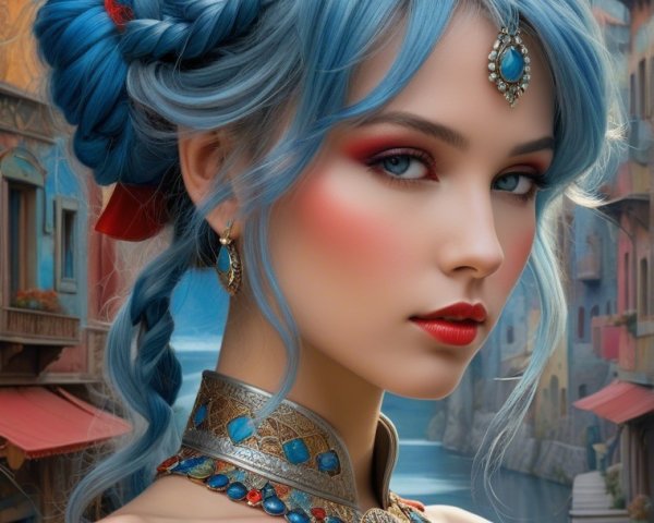 Elegant Woman with Blue Hair in Colorful Setting