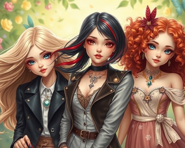 Three Women in Floral Background with Unique Styles
