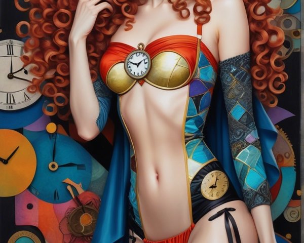 Vibrant Figure with Red Hair and Colorful Clocks
