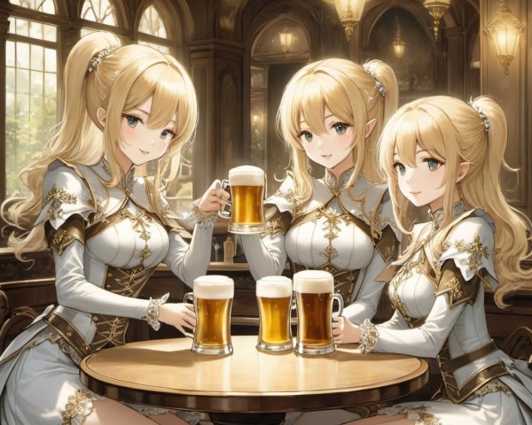 Elegant Tavern Scene with Elf-like Characters Enjoying Beer