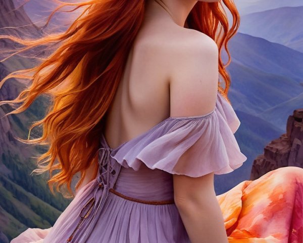 Woman in Lavender Dress at Sunset Over Mountains