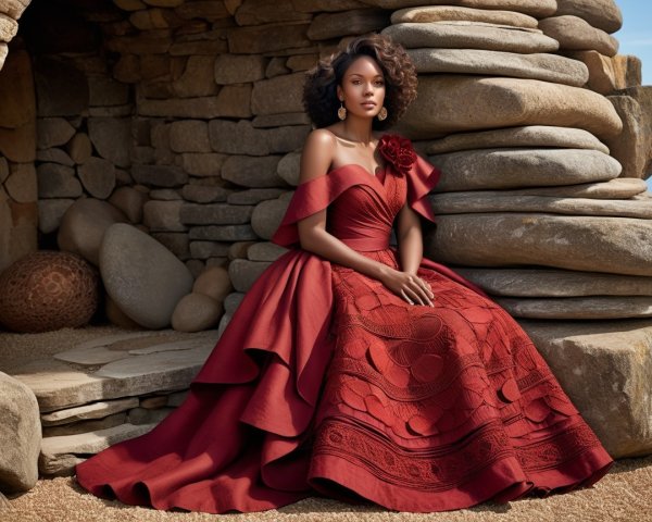 Woman in crimson gown near stone structure