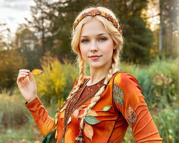 Young woman in autumn setting with leaf-patterned dress