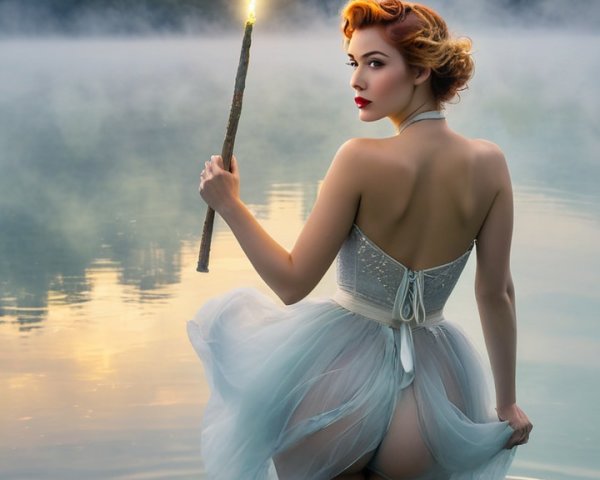 Woman in flowing dress stands in misty lake at dawn