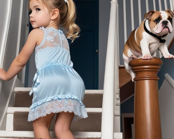 Child in Blue Dress Climbing Stairs with Bulldog