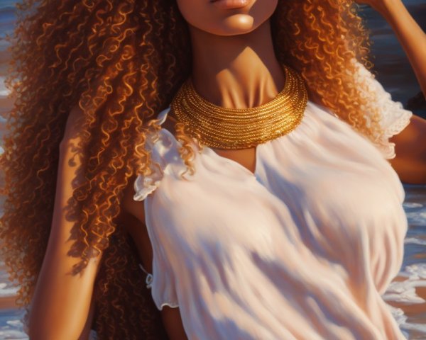 Serene Woman in Sunlight by the Beach with Waves