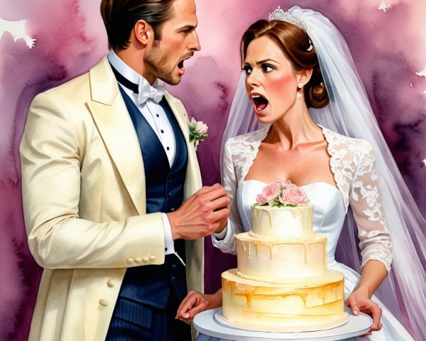 Couple's Emotional Conflict at Wedding Cake Display