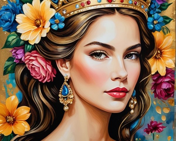 Regal woman with golden crown and ornate dress