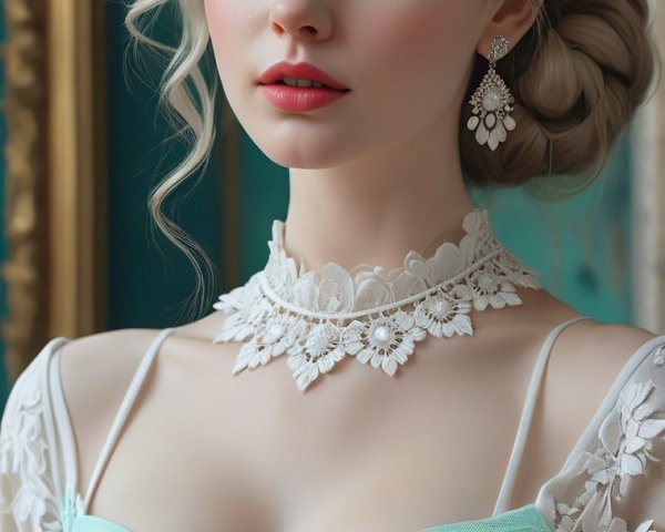 Elegant Young Woman in Lace Gown Against Ornate Backdrop