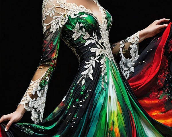 Model in vibrant floral gown with lace details