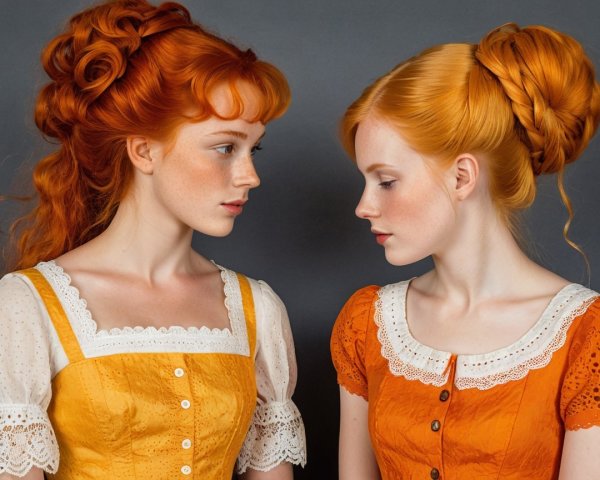 Young women with red hair in vintage dresses