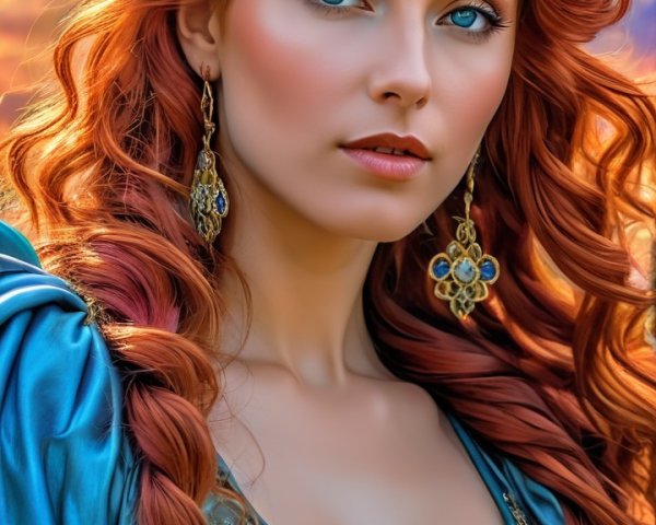Woman with Red Hair in Floral Adornments at Sunset