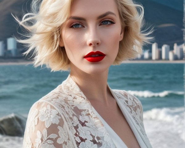 Glamorous Woman on Beach with Ocean and Skyline View