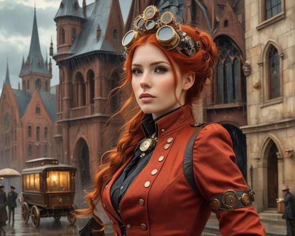Steampunk Woman with Red Hair in Dramatic Setting