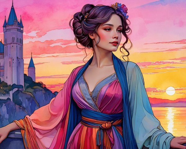 Woman on Balcony Admiring Sunset Over Castle and Sea
