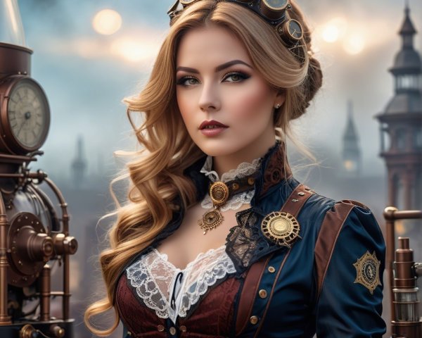 Steampunk Woman in Vintage Outfit with Accessories