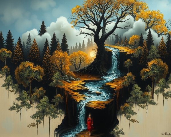 Surreal Landscape with Tree and Waterfalls