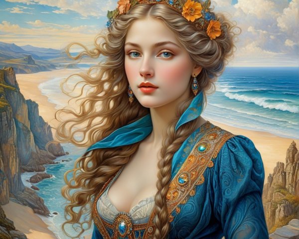 Young woman in ornate dress by coastal scenery