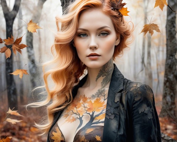 Portrait of a Woman with Auburn Hair and Autumn Leaves