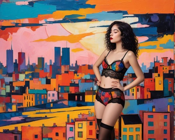 Woman in Colorful Lingerie Against City Skyline Backdrop