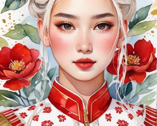 Portrait of a Young Woman in Red with Floral Accents