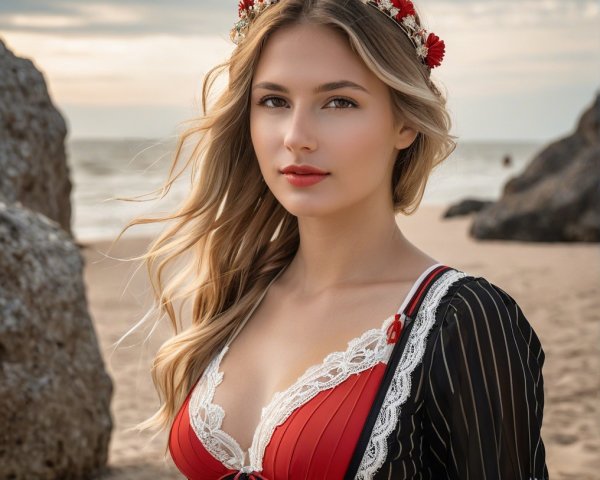Young woman in red bikini on sandy beach with rocks