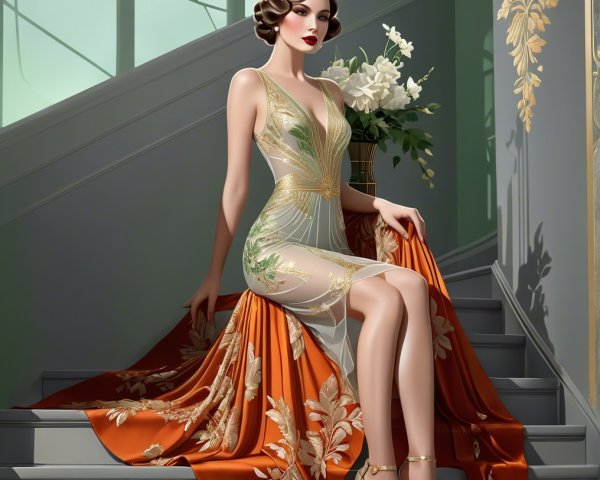 Glamorous Woman in Embroidered Gown on Staircase