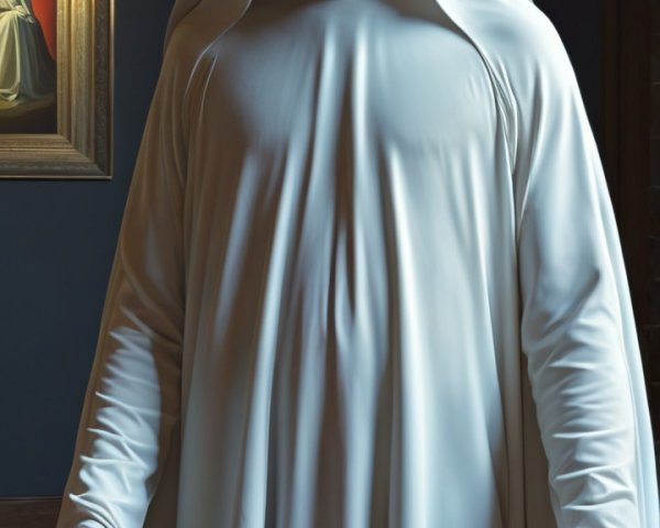 Person in White Robe and Skull Mask in Dim Room