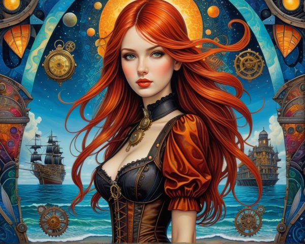 Young Woman in Stylish Dress Against Ocean Backdrop