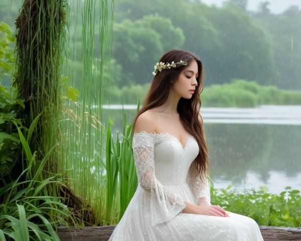 Young Woman in White Gown by Tranquil Lake