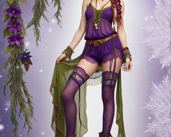 Young Woman in Bohemian Outfit with Floral Backdrop