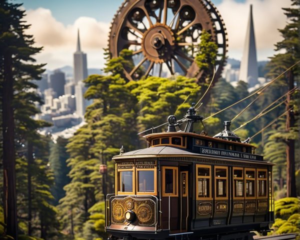 Vintage Cable Car Amidst Nature and City Skyline