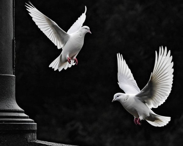 White Doves in Mid-Flight Against Dark Background