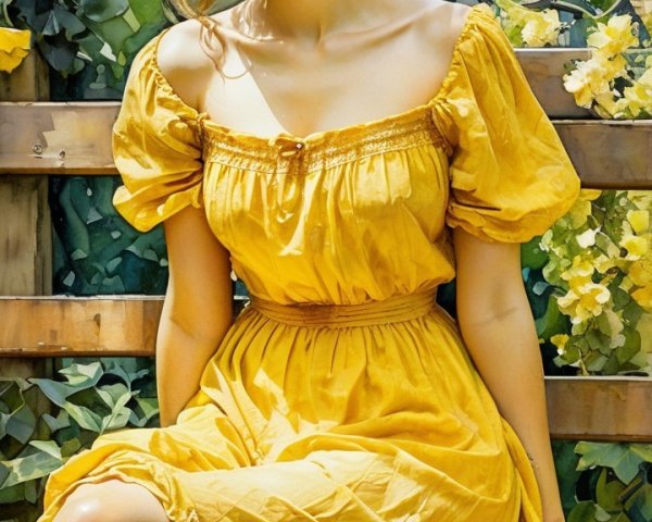 Young woman in yellow dress seated in garden setting