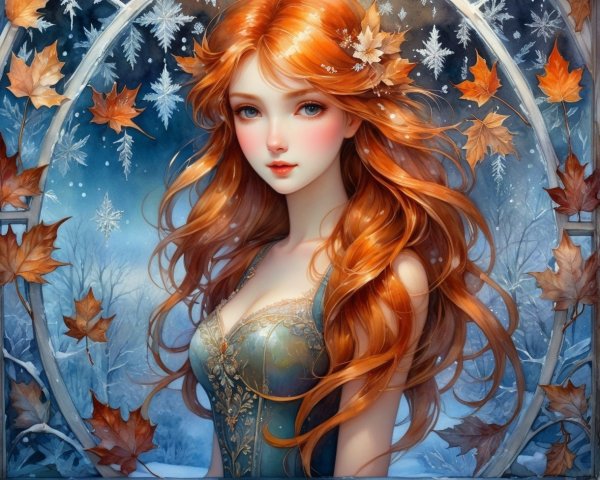 Vibrant Watercolor of Woman with Autumn and Winter Themes