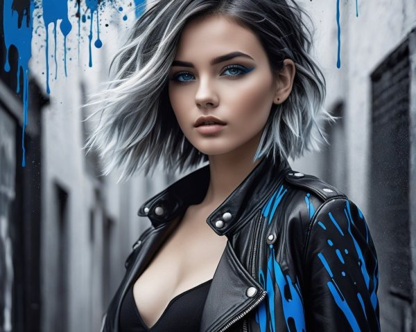 Portrait of Young Woman with Gray Hair and Blue Makeup