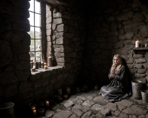 Young girl in a dim stone room with flickering candles