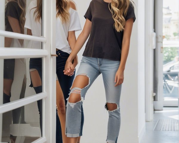 Young women in modern hallway with casual outfits