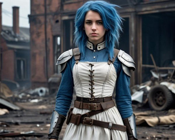 Young woman in armor and dress in industrial setting