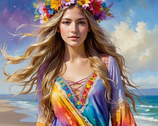 Serene Young Woman in Vibrant Beach Dress and Flowers