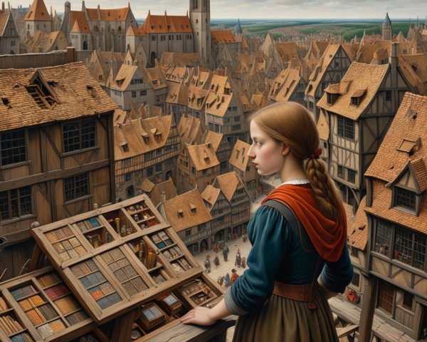 Young girl overlooking medieval town with miniatures