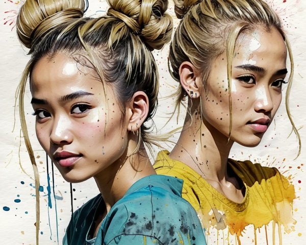 Young Woman with Double Bun and Colorful Background