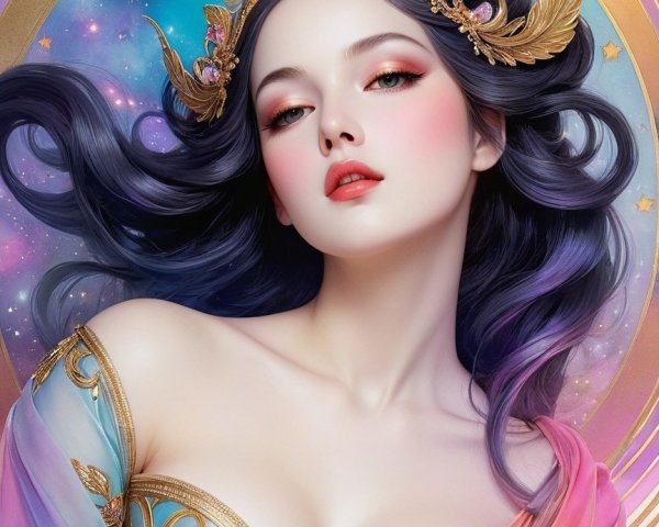 Celestial Woman Portrait with Jewel Crown and Cosmic Background