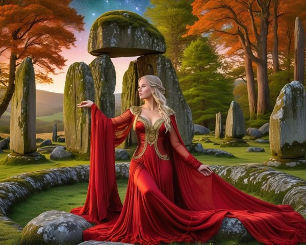 Mystical Woman in Red Gown Among Ancient Stones