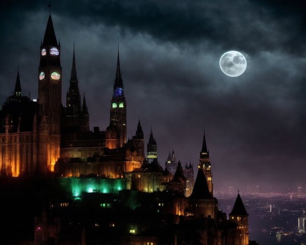 Majestic castle under stormy night sky with moonlight