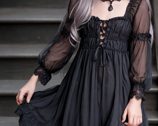 Young girl in black lace dress on staircase