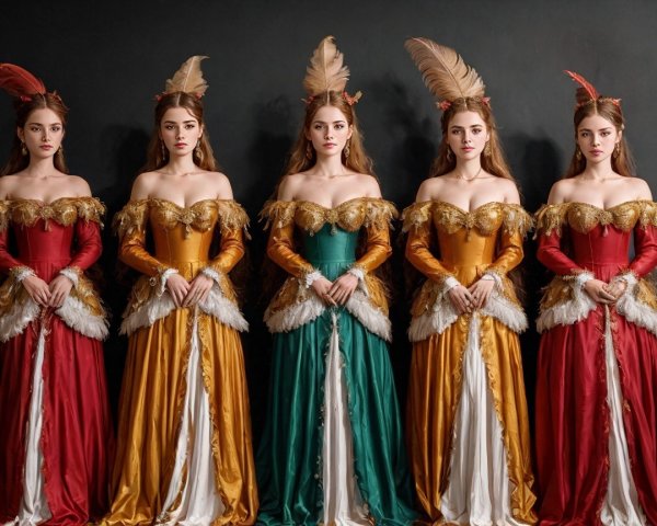 Five Women in Colorful Gowns with Elegant Details