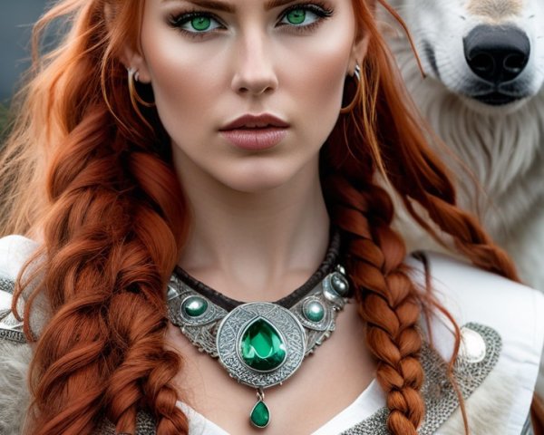 Confident woman in white dress with a protective wolf